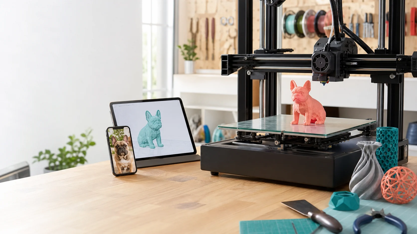 A phone showing a video of a French bulldog beside a tablet showing its 3D mesh, and the finished coral print on a printer's build plate